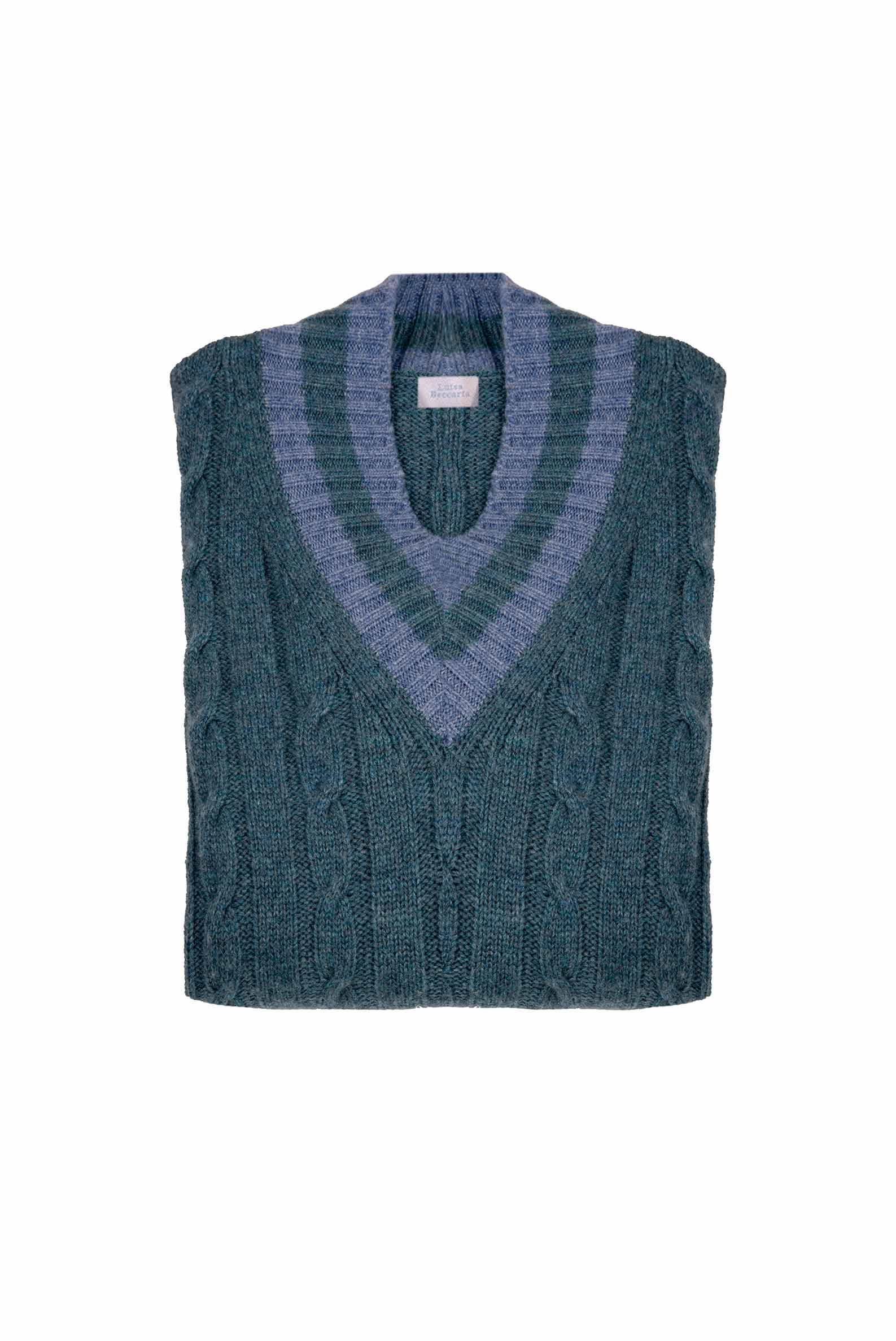 Maglione scollo a V in cashmere petrolio con trecce