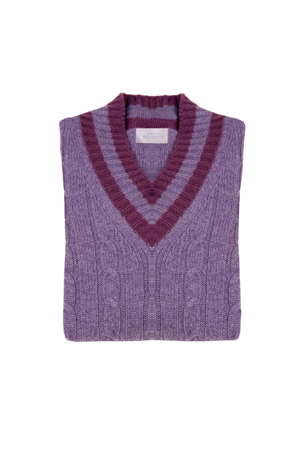 Maglione scollo a V in cashmere viola con trecce