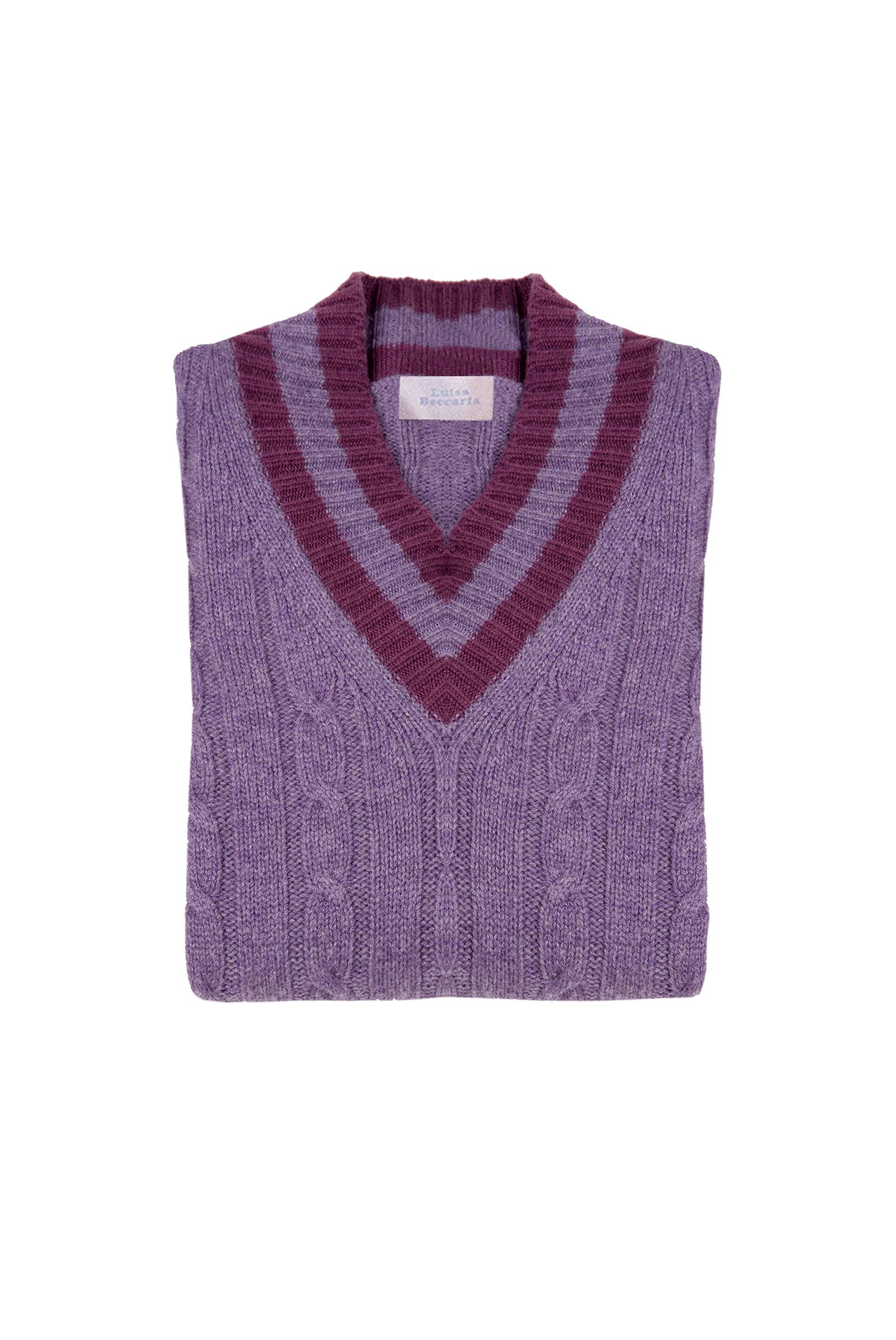 Maglione scollo a V in cashmere viola con trecce