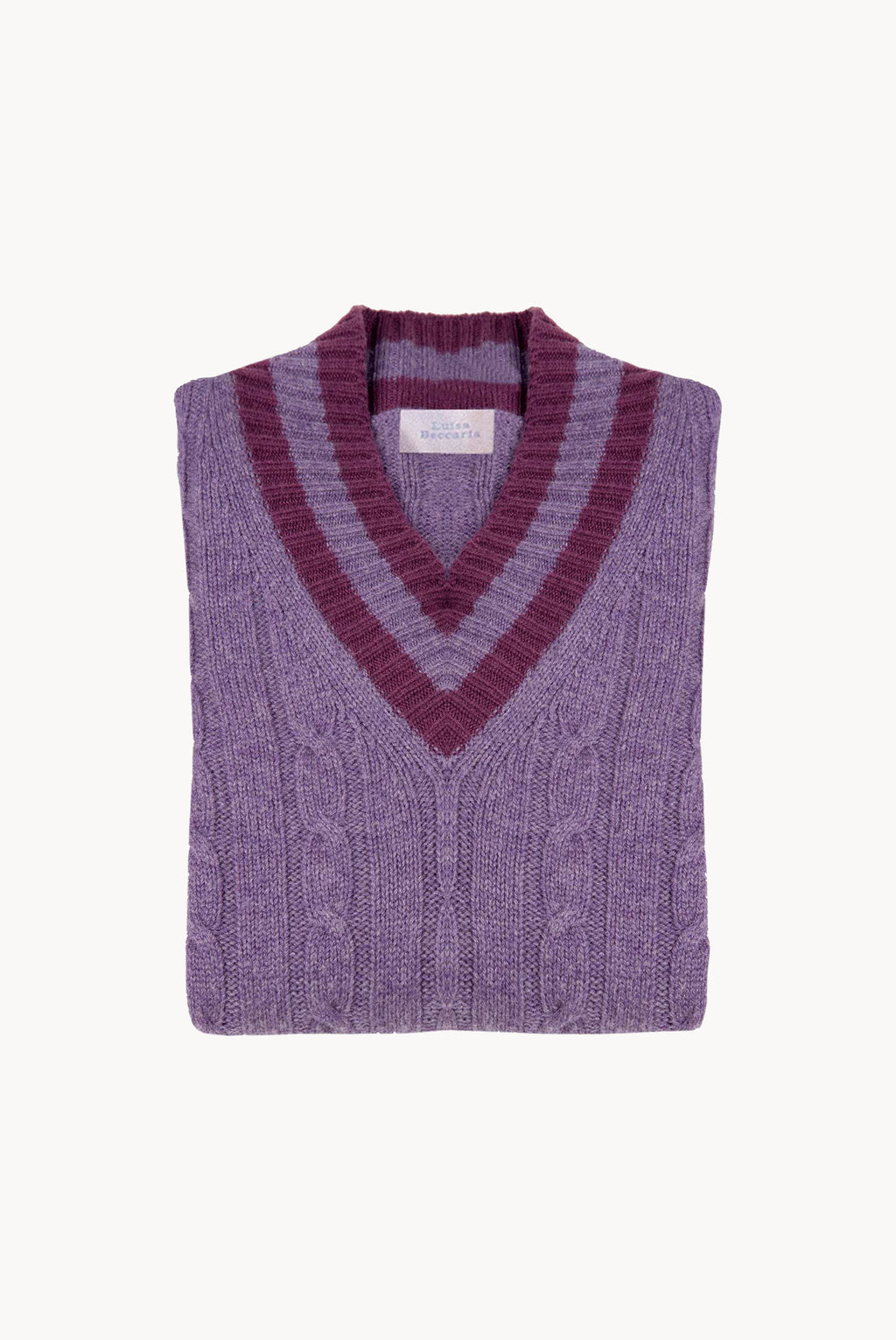 Maglione scollo a V in cashmere viola con trecce