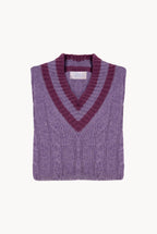 Maglione scollo a V in cashmere viola con trecce