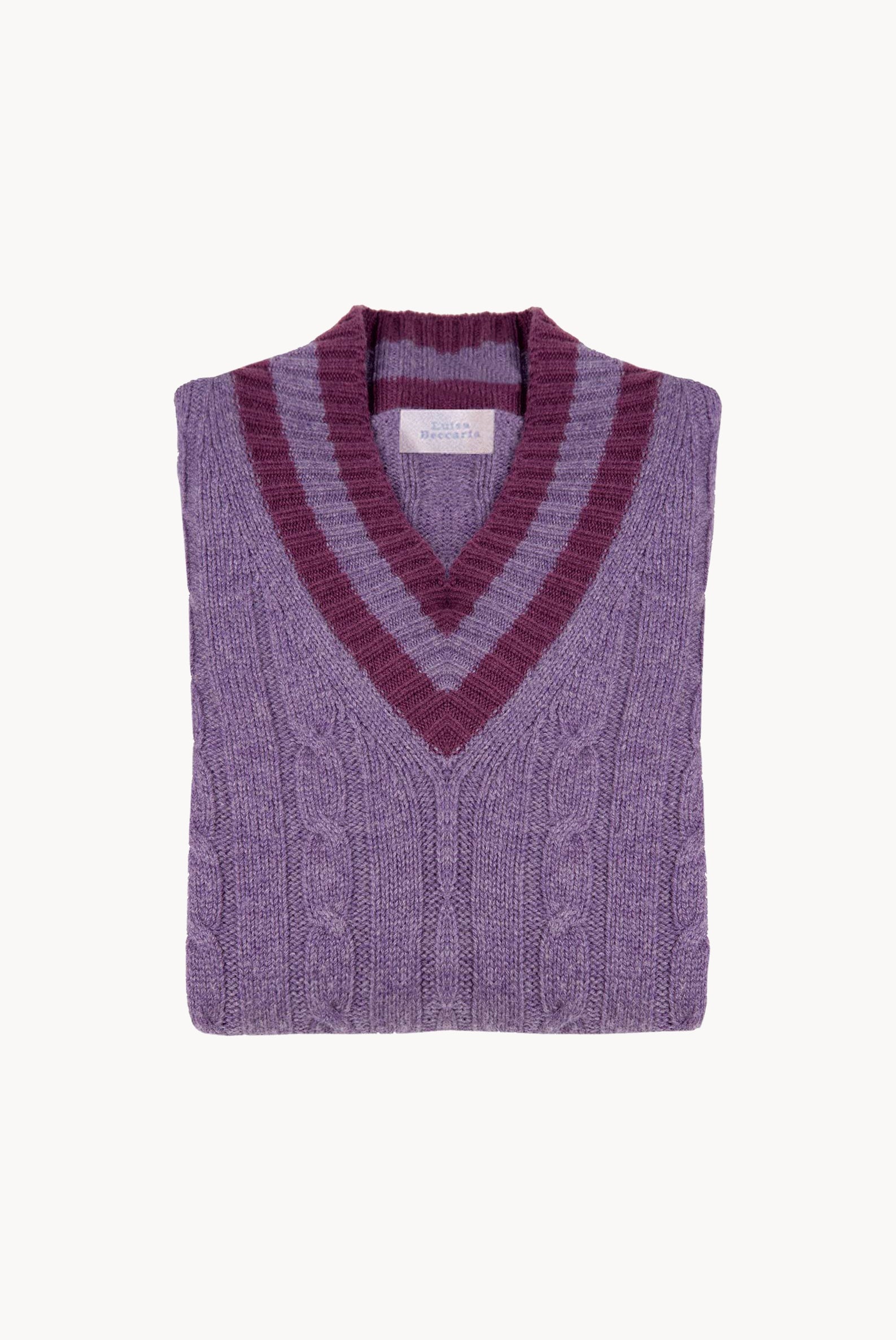 Maglione scollo a V in cashmere viola con trecce