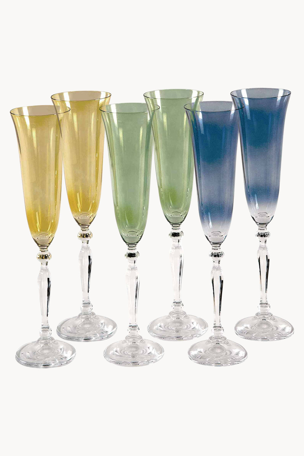 Set di sei flute blu, giallo, verde