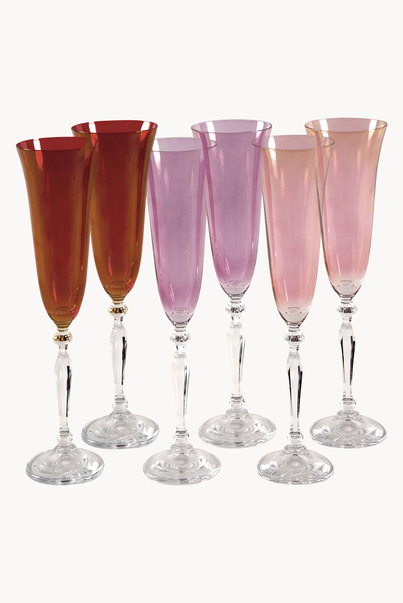 Set di sei flute rosso, viola, rosa
