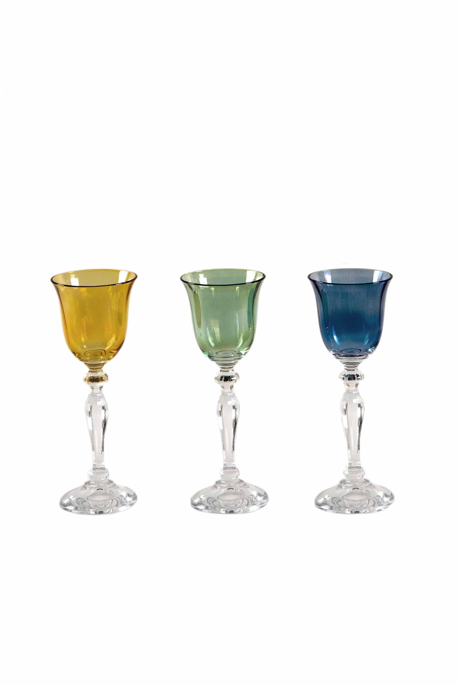 Set di sei bicchierini blu, giallo, verde