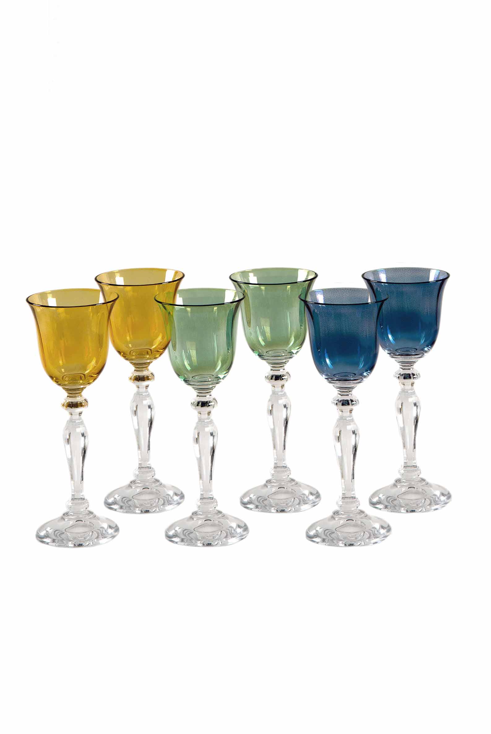Set di sei bicchierini blu, giallo, verde
