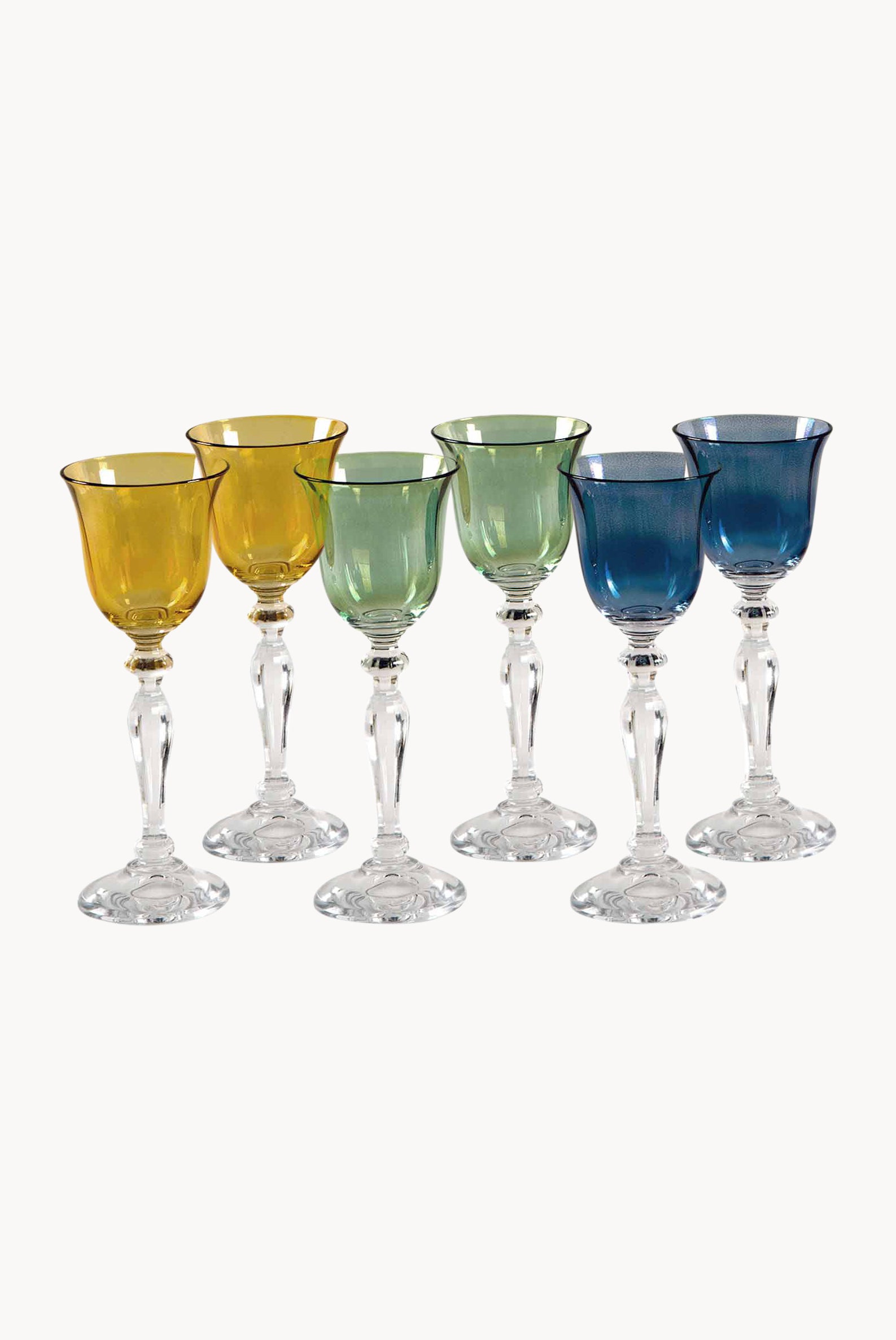 Set di sei bicchierini blu, giallo, verde