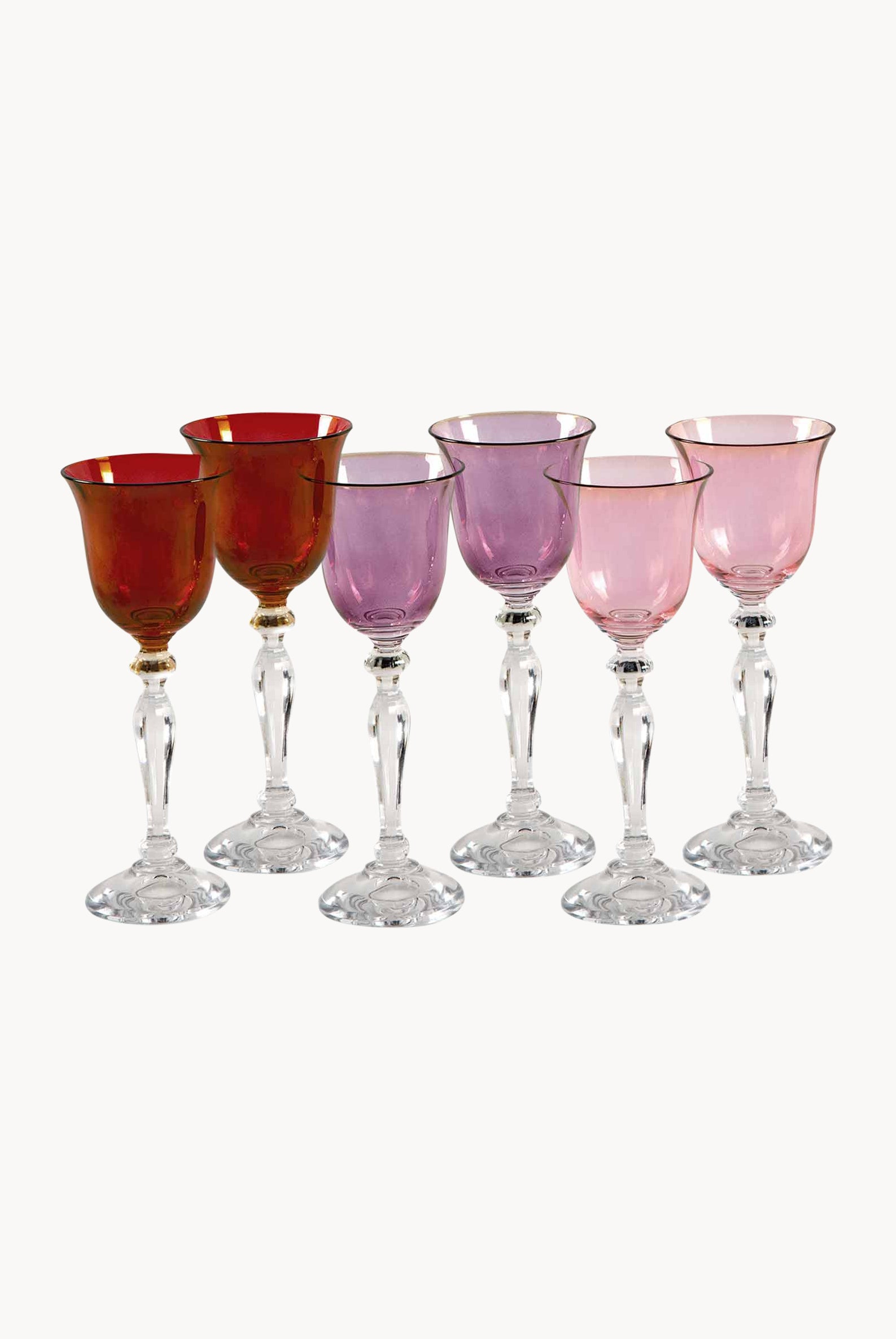 Set di sei bicchierini rosso, viola, rosa