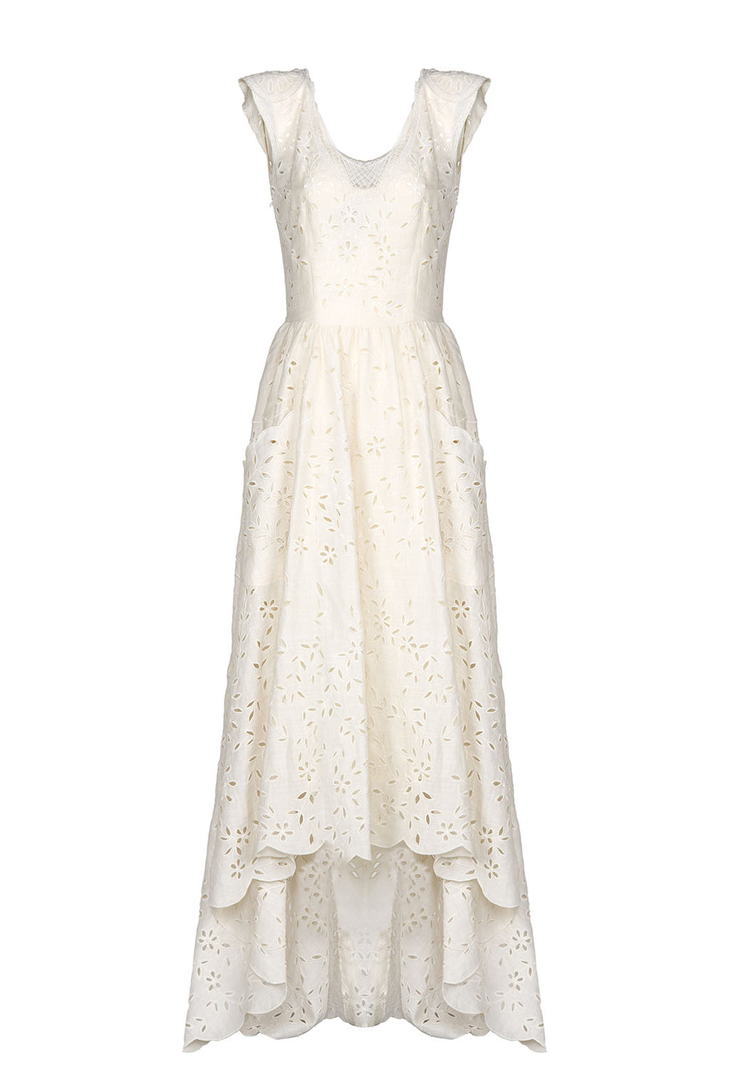 Vestito midi asimmetrico in cotone crema con ricami e broderie anglaise
