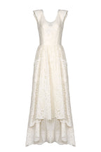 Vestito midi asimmetrico in cotone crema con ricami e broderie anglaise