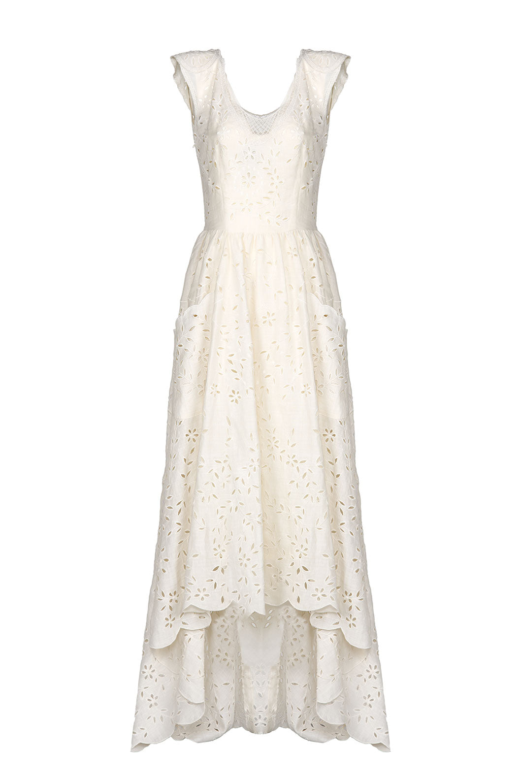 Vestito midi asimmetrico in cotone crema con ricami e broderie anglaise