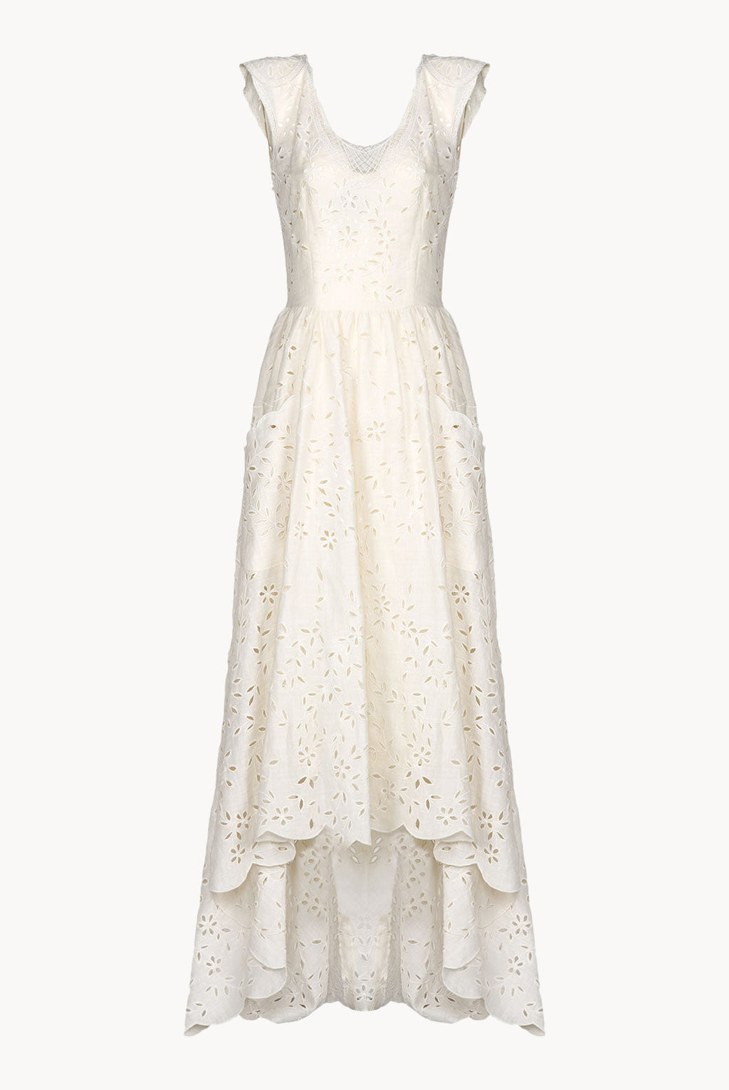 Asymmetric Embroidered Eyelet Cream Cotton Midi Dress