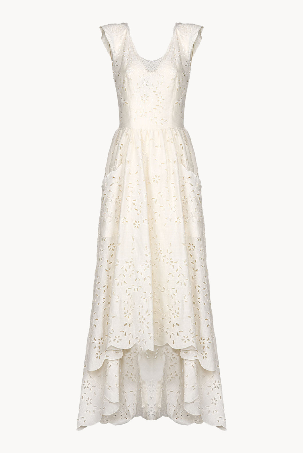 Vestito midi asimmetrico in cotone crema con ricami e broderie anglaise