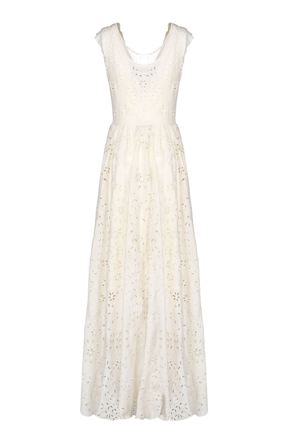 Vestito midi asimmetrico in cotone crema con ricami e broderie anglaise