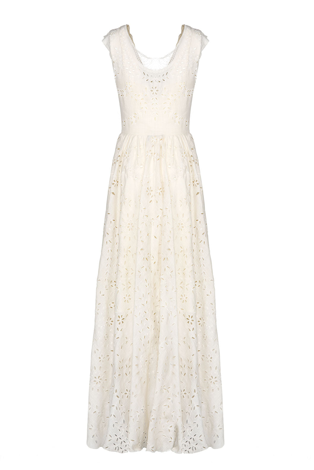 Vestito midi asimmetrico in cotone crema con ricami e broderie anglaise