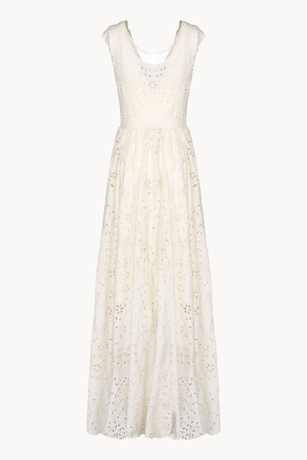 Asymmetric Embroidered Eyelet Cream Cotton Midi Dress