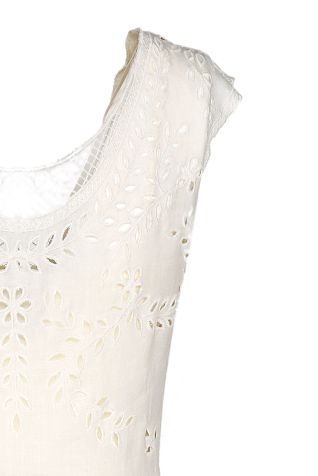 Vestito midi asimmetrico in cotone crema con ricami e broderie anglaise