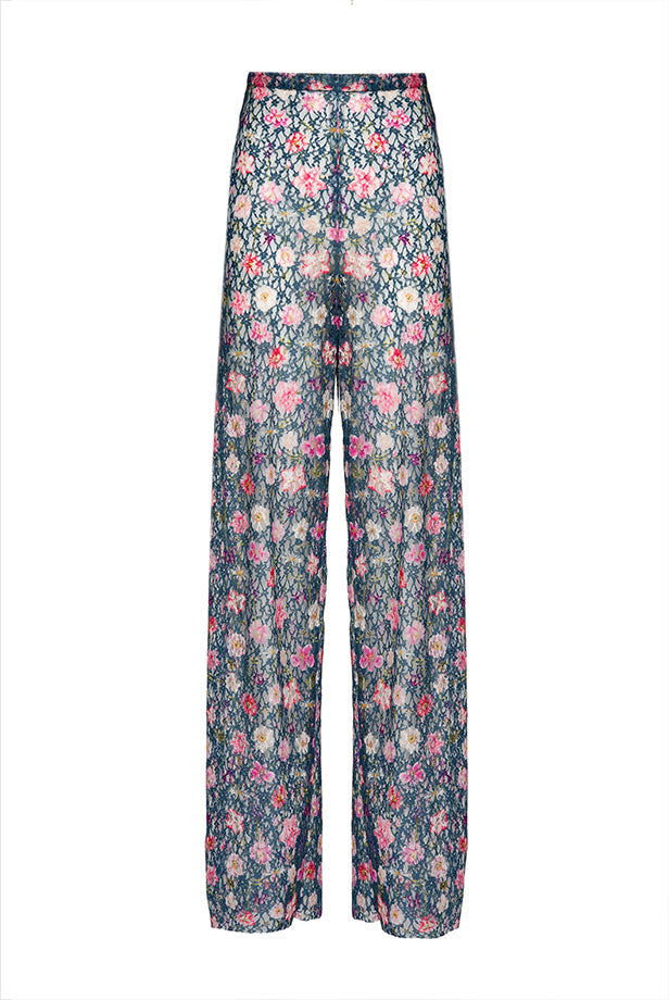 Pantaloni a zampa a vita alta in georgette stampata floreale
