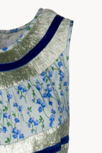 Abito senza maniche in cotone e rafia azzurro chiaro con stampa floreale
