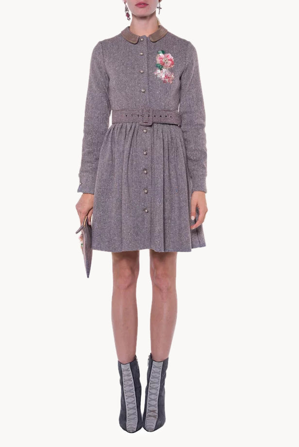 Long Sleeves Tweed Dress With Embroidery