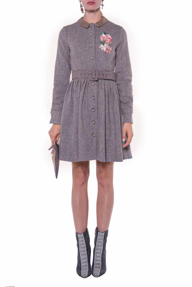 Long Sleeves Tweed Dress With Embroidery
