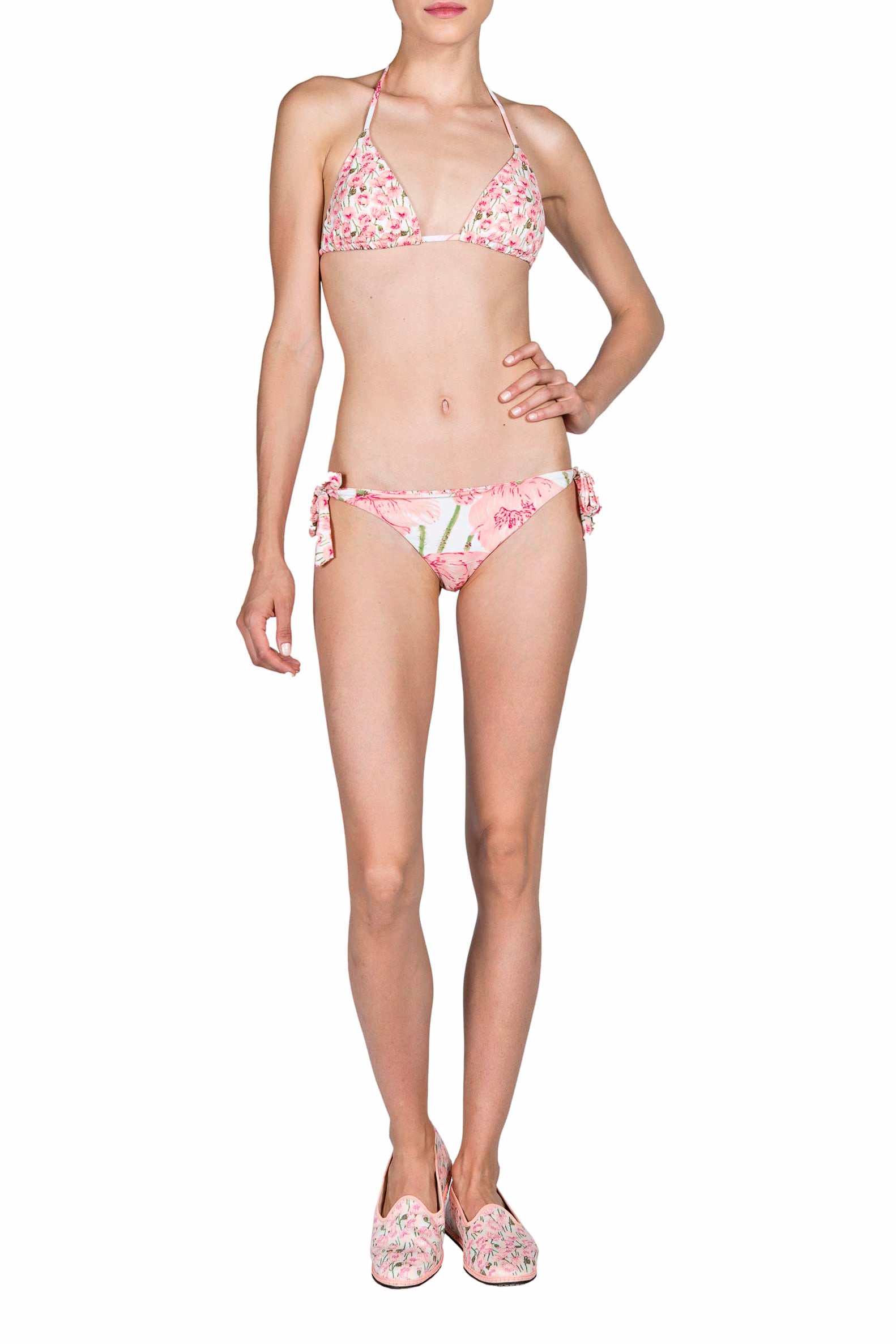 Bikini a triangolo e slip con papaveri rosa doppio strato