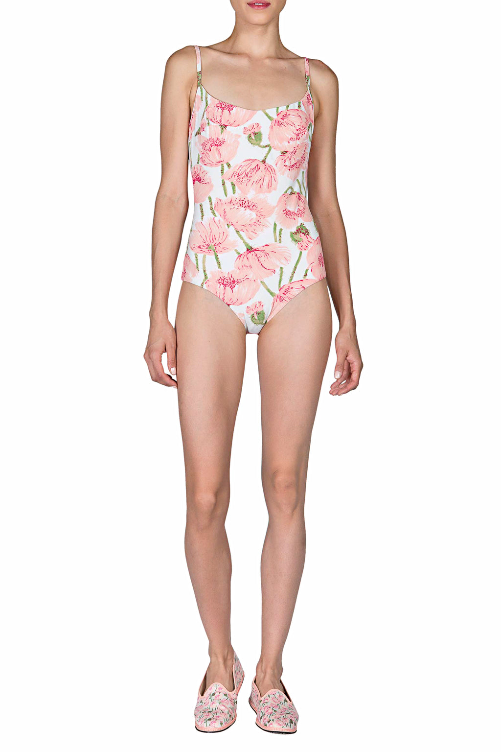 Costume intero con papaveri rosa doppio strato