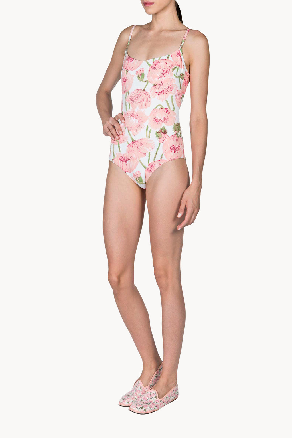 Costume intero con papaveri rosa doppio strato