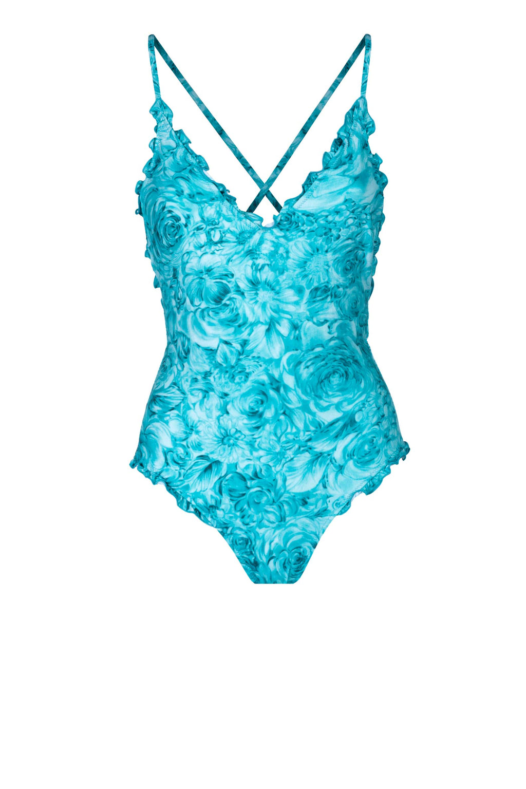 Costume intero con scollo a V e rose turchesi