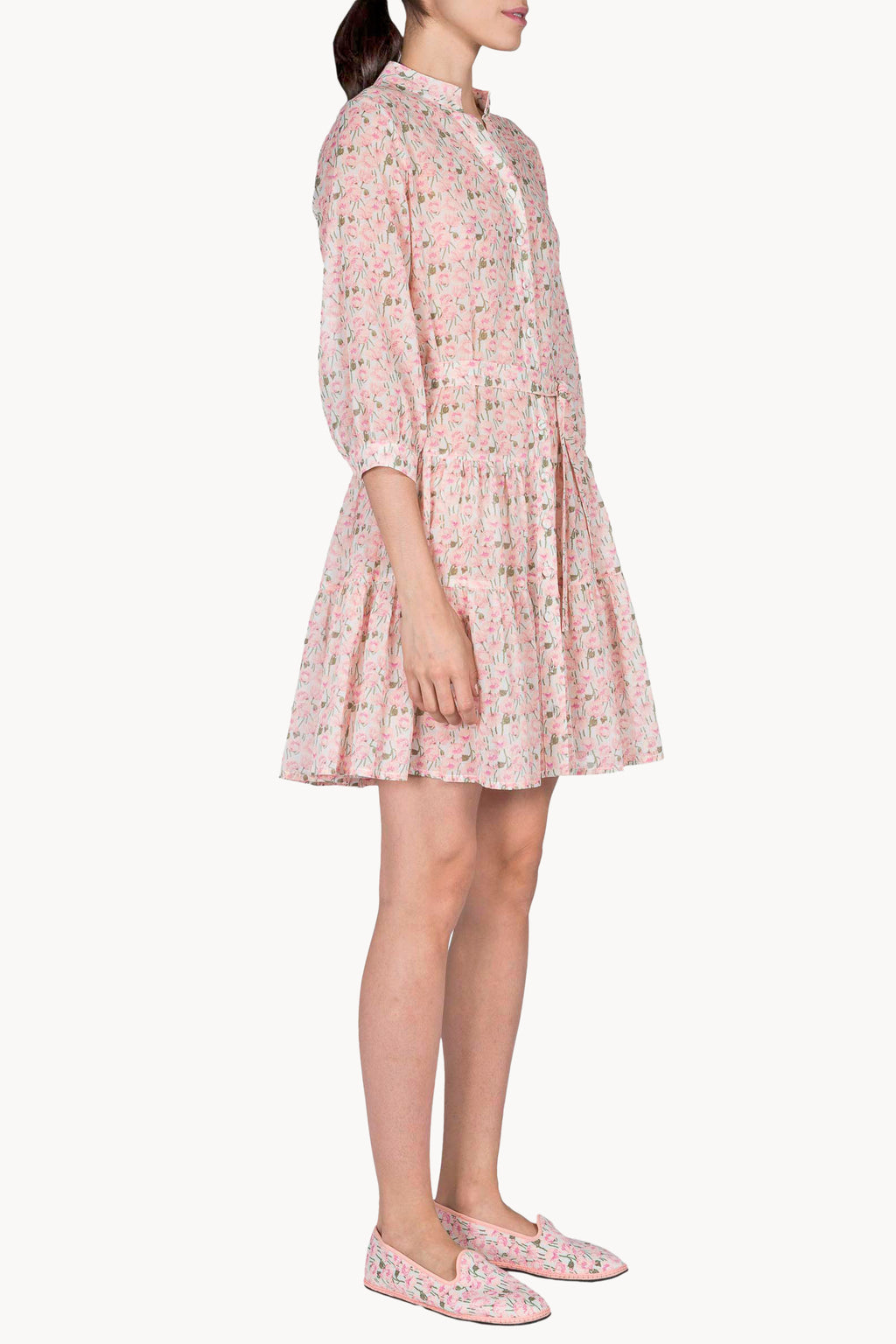 Mini abito di cotone con papaveri rosa