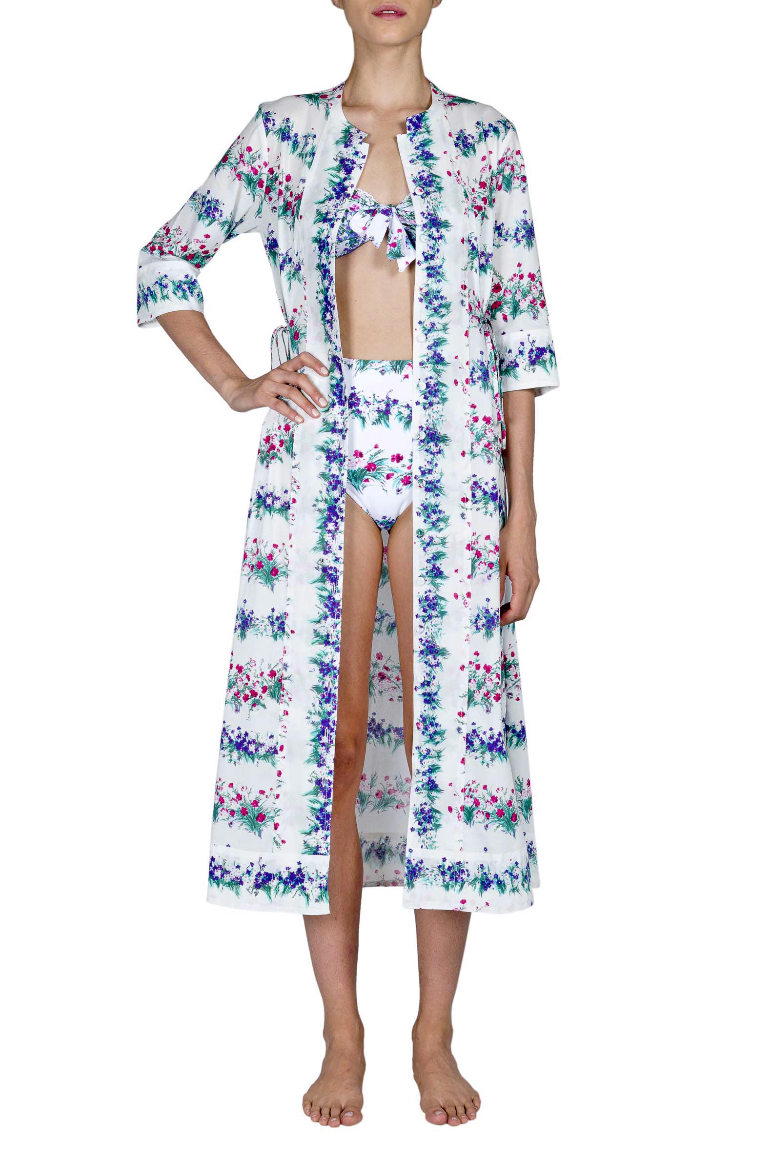 Abito midi caftano blu stampato con fiori