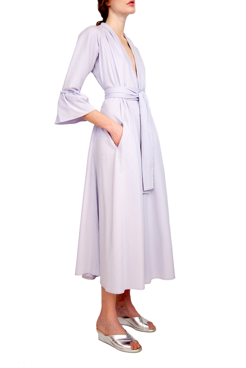 Vestito Luisa in cotone elasticizzato a righe lilla/bianco