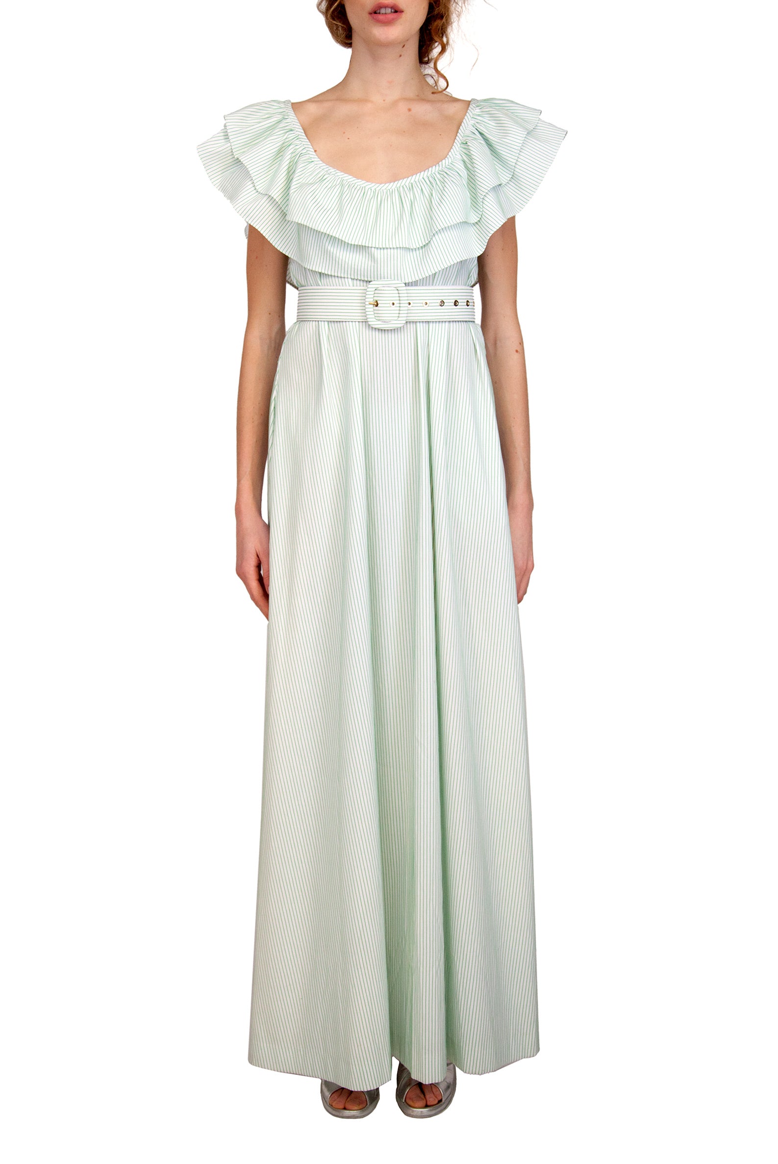 Vestito a righe verde/bianco con volant