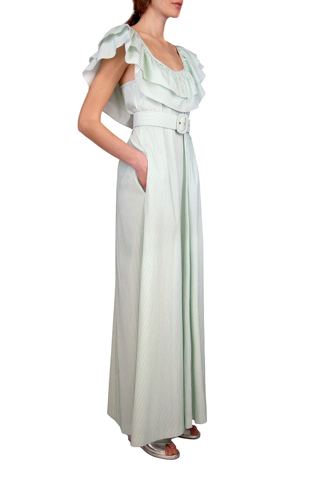 Vestito a righe verde/bianco con volant