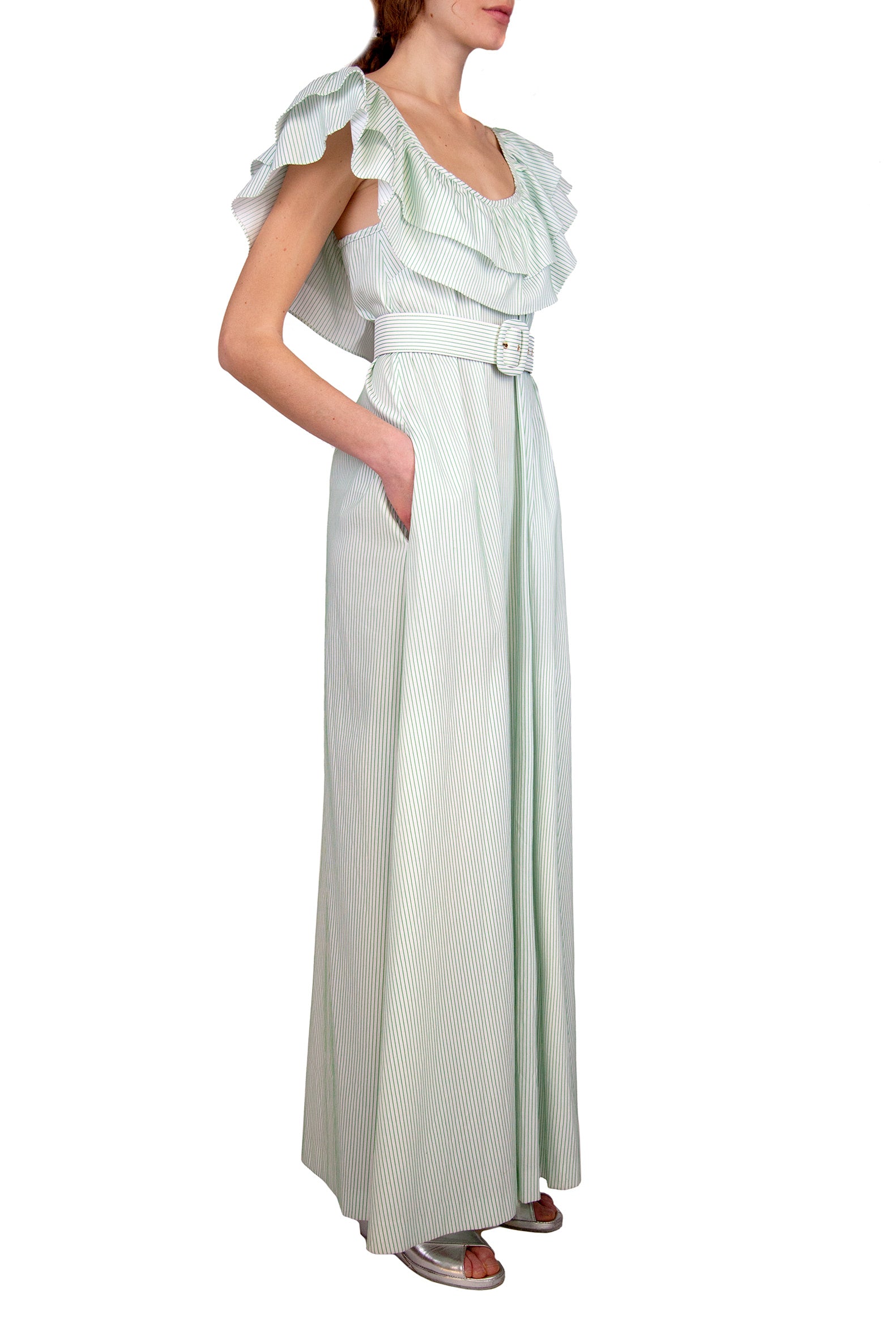 Vestito a righe verde/bianco con volant