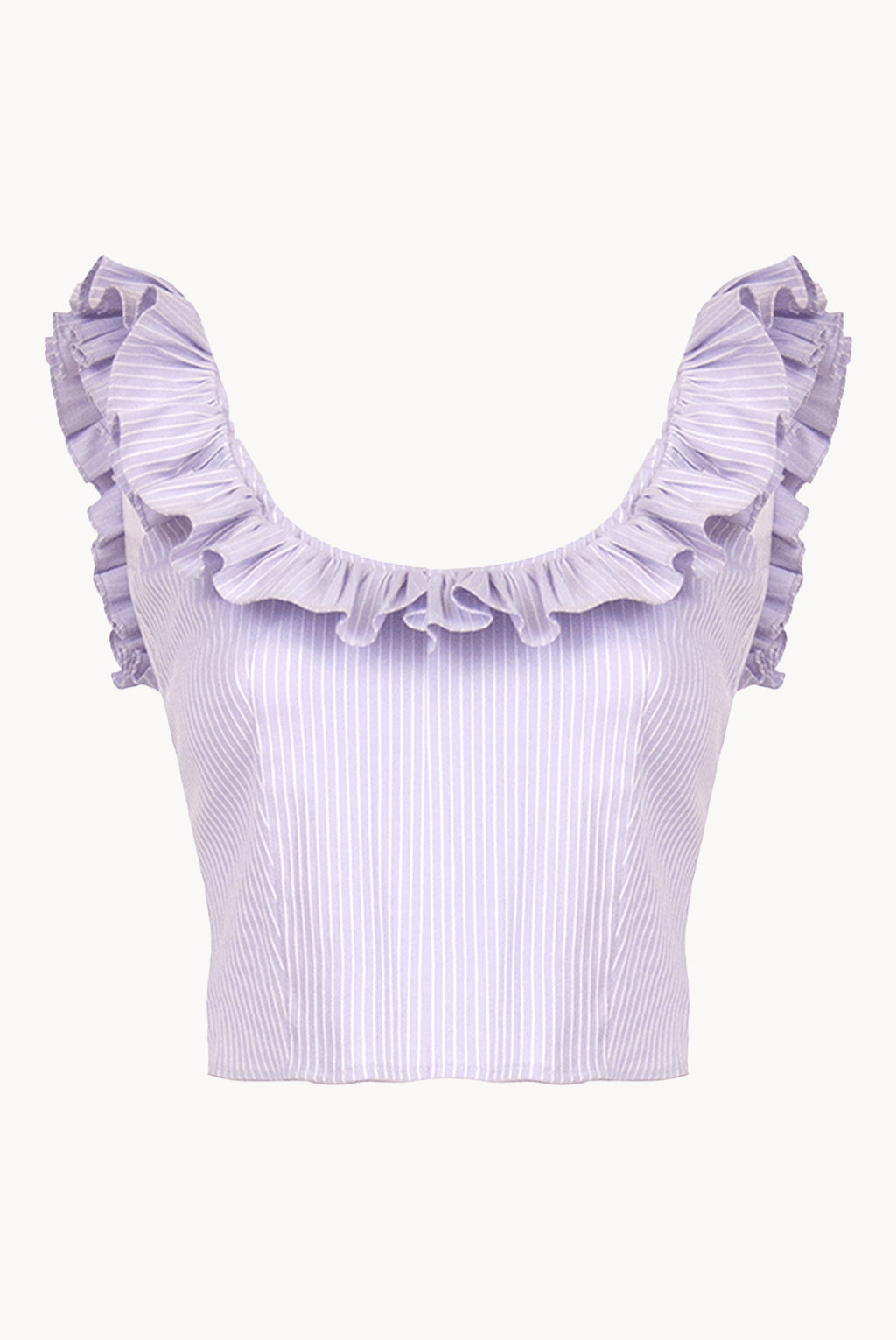 Top in misto cotone a righe lilla/bianco con volant