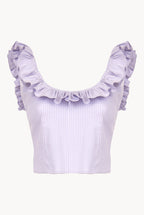 Top in misto cotone a righe lilla/bianco con volant
