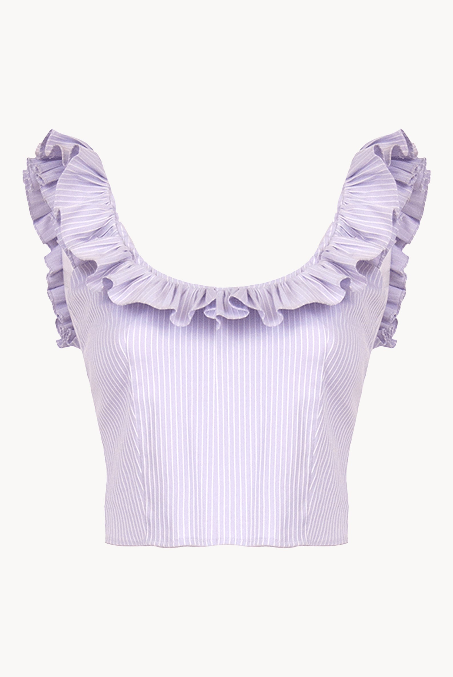 Top in misto cotone a righe lilla/bianco con volant