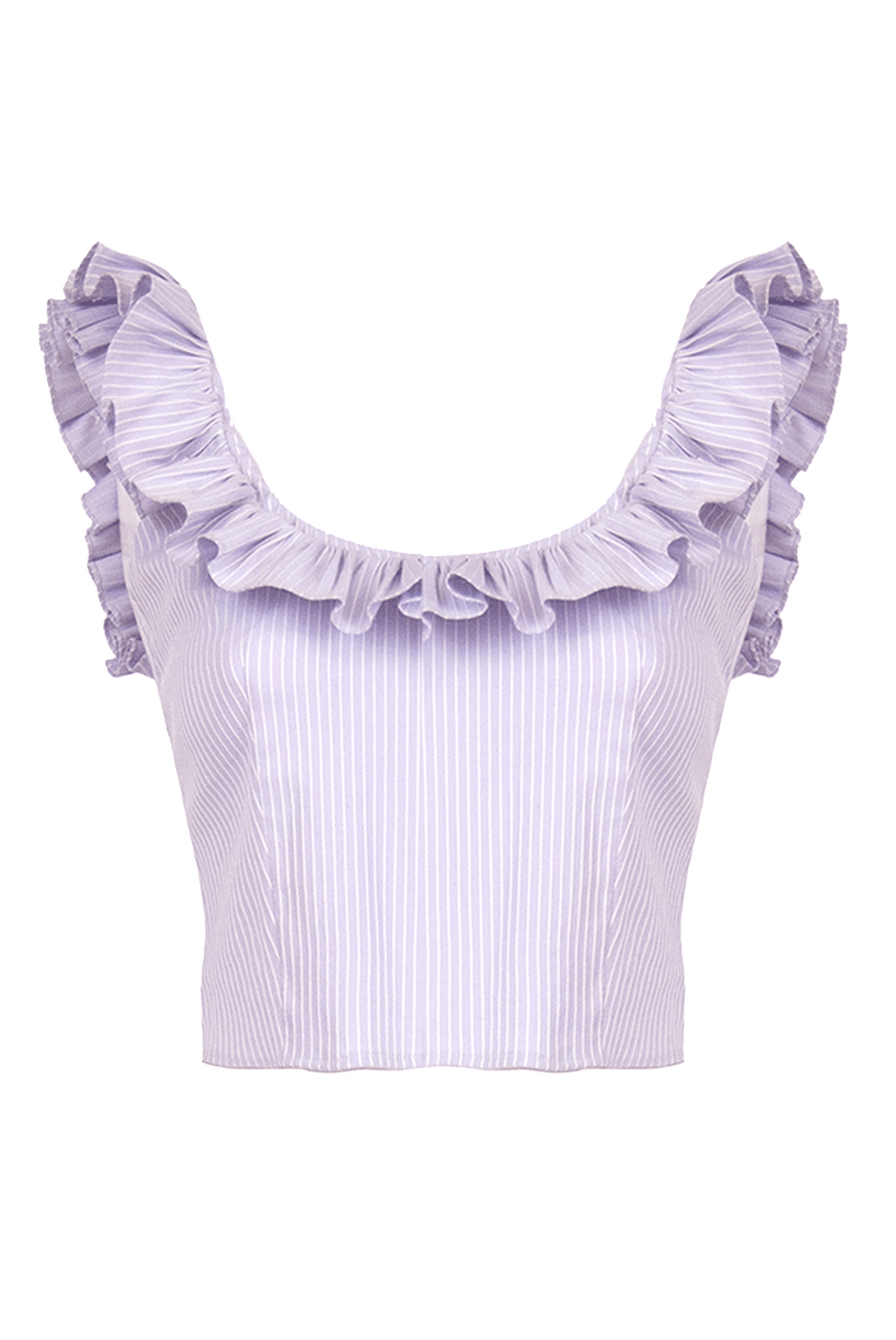 Top in misto cotone a righe lilla/bianco con volant