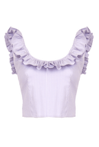 Top in misto cotone a righe lilla/bianco con volant