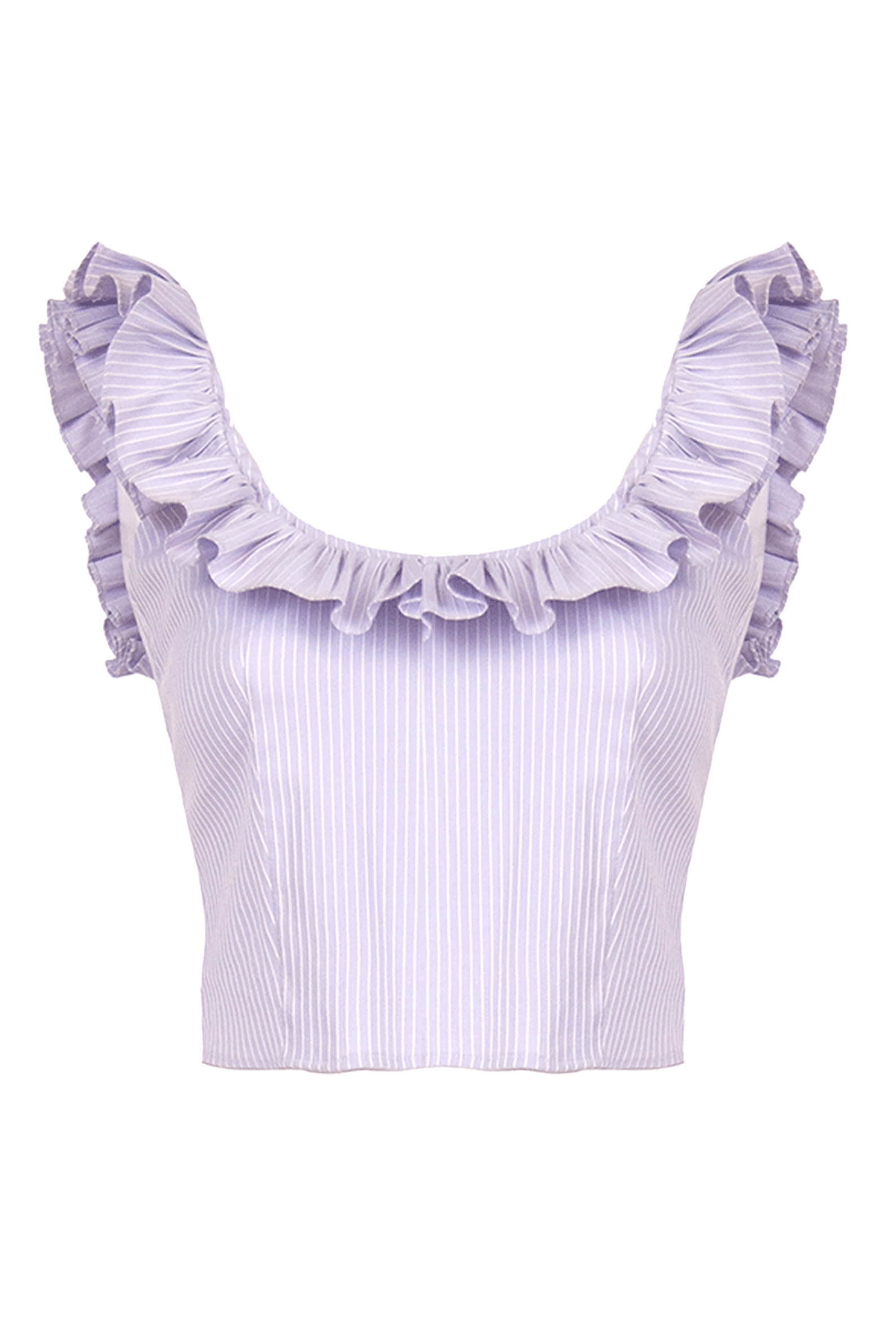 Top in misto cotone a righe lilla/bianco con volant