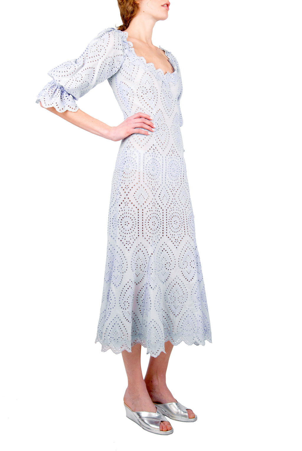 Bell Sleeves Broderie-Cotton Liliac Eyelet Dress