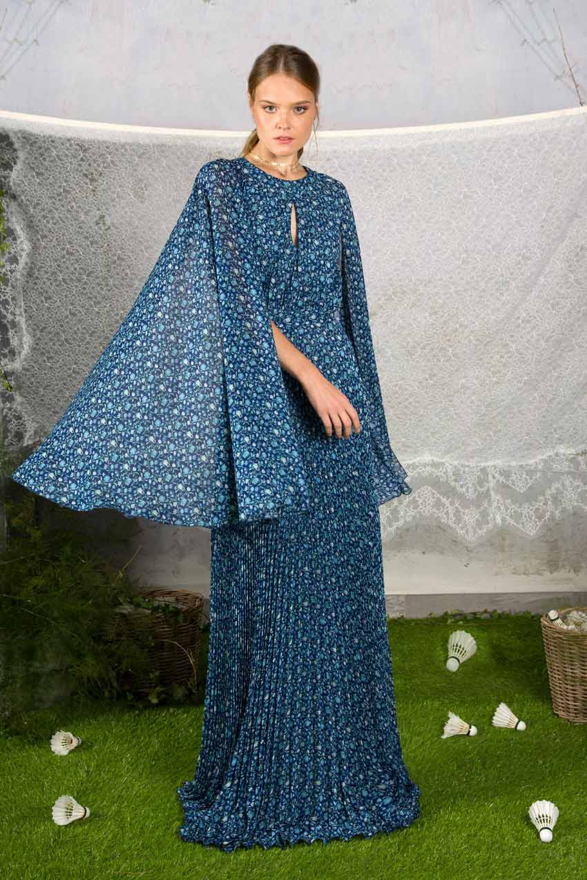 Vestito lungo plissettato con micro fiori