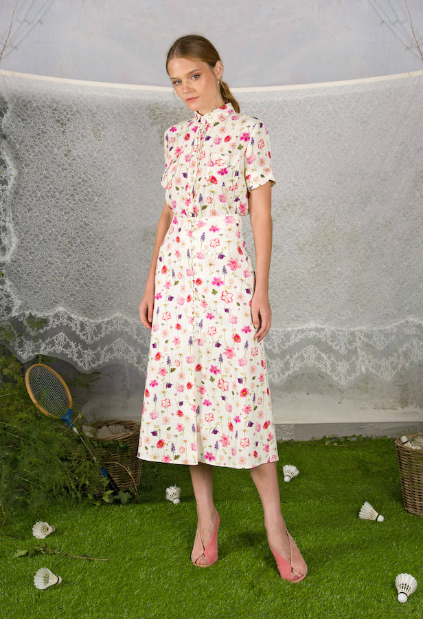 Gonna bottoncini in piquet di cotone con stampa floreale