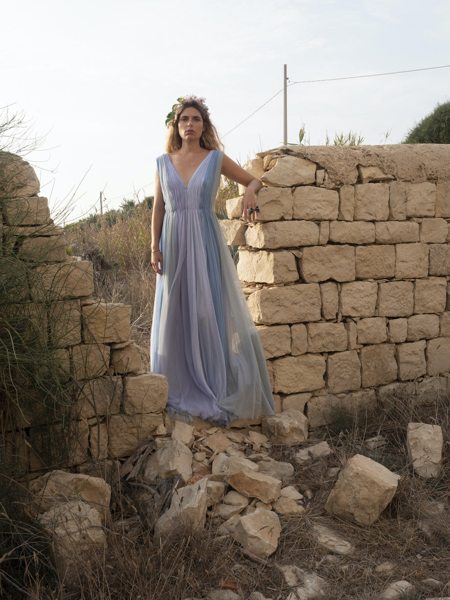 Abito maxi in chiffon multicolore blu