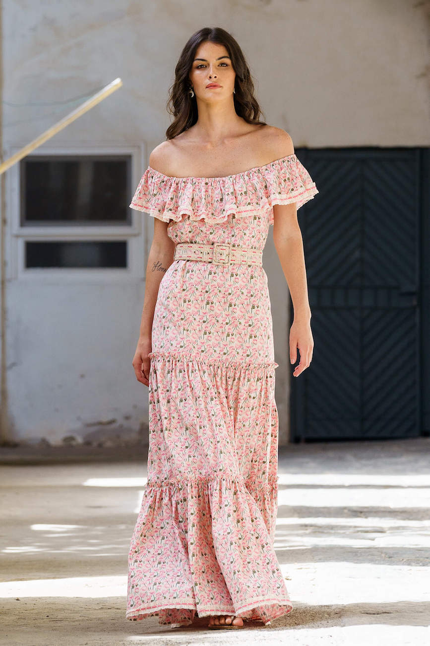 Vestito in cotone elasticizzato con stampa Micro Papaveri