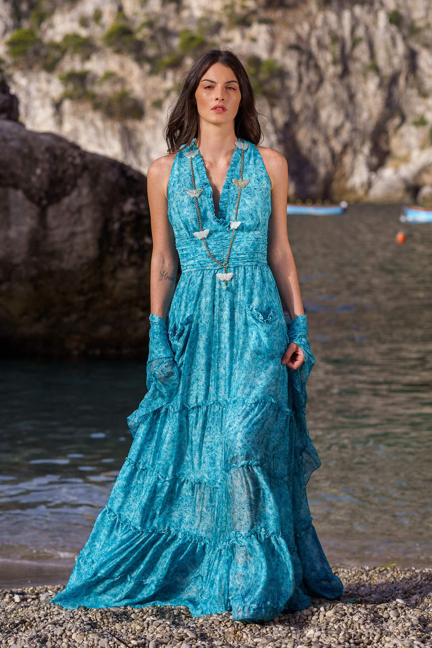 Vestito in chiffon di seta con stampa rose
