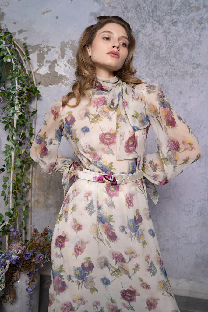 Chiffon Macro Anemones Dress With Sash