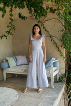 Pantaloni a gamba larga in misto cotone a righe lilla/bianco