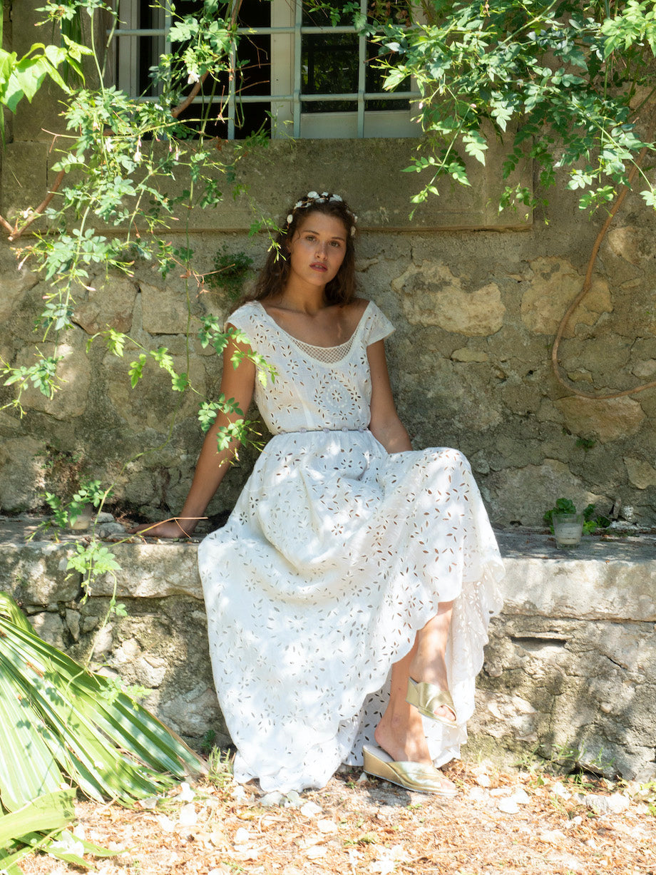 Asymmetric Embroidered Eyelet Cream Cotton Midi Dress – Luisa Beccaria